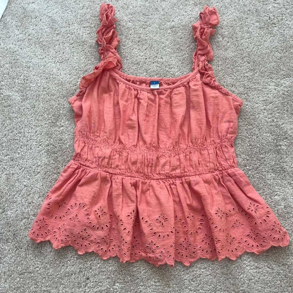 Old Navy Womens Coral Pink Eyelet Peplum Tank Top Ruffle Strap Smocked Large